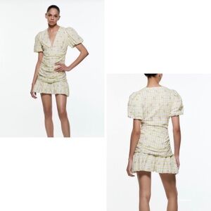 ZARA NWT Green/Purple Checkered Draped Mini Dress Large